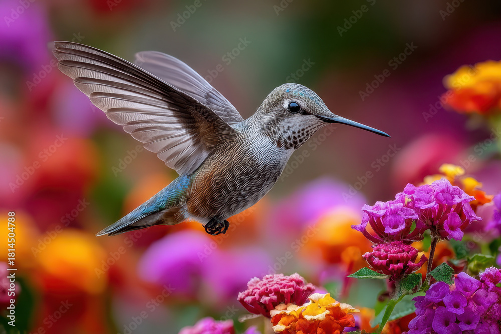 Fototapeta premium Hummingbird hovers near colorful flowers