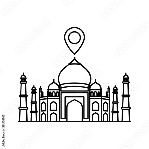 Taj mahal icon with a location pin, representing travel, tourism, and historical landmarks, isolated on
