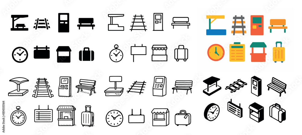 Fototapeta premium Transport icons: trains and clocks collection