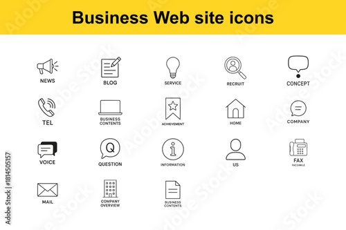 A collection of simple modern line icons representing various business website and communication elements high quality