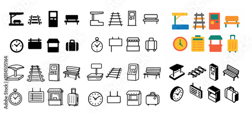 Transport icons: trains and clocks collection