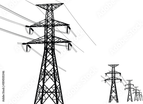 High voltage transmission tower silhouette, electric power lines pylon, electricity distribution grid vector, industrial infrastructure background, energy supply network illustration