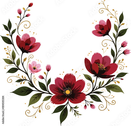 Elegant Floral Wreath Illustration with Dark Red and Pink Flowers Arrangement