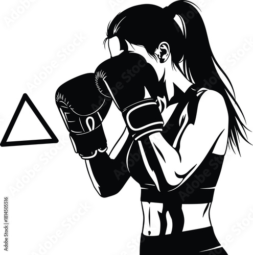 Female boxer silhouette, woman fighter with gloves, boxing stance vector illustration, girl fitness workout, self defense sport, combat training