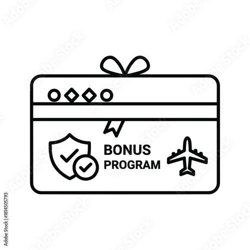Credit card with bonus program, shield, and airplane icon representing travel rewards and financial security