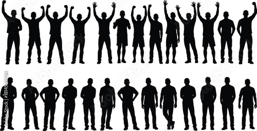 Large set of black male silhouettes, happy crowd cheering with raised arms, and men standing in line, isolated vector illustration.