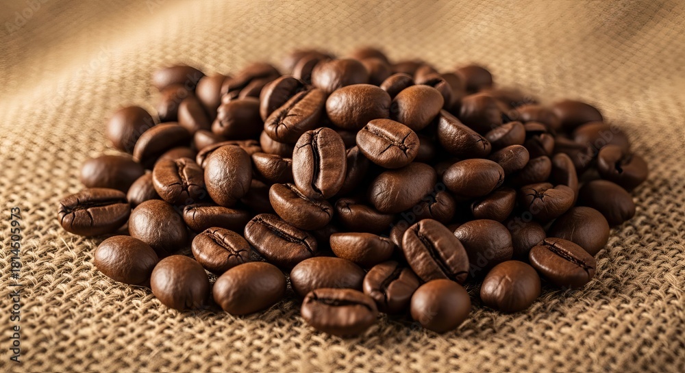 Fototapeta premium Rich roasted coffee beans on burlap sacking surface for a tasty caffeine