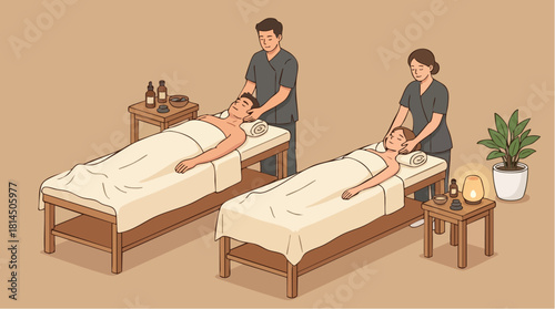 Couple enjoying a relaxing massage at a spa.