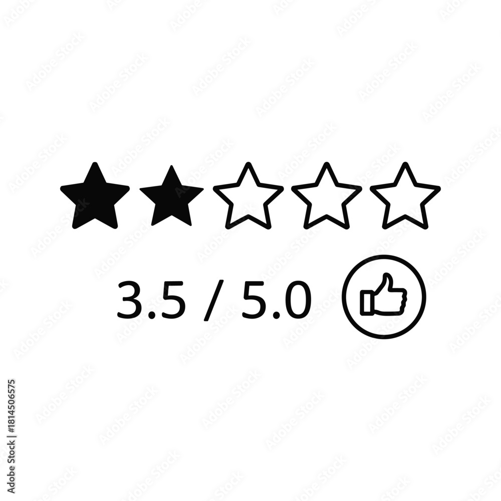Fototapeta premium Line art icon of a 35 out of 5 star rating with a thumbsup symbol, review, isolated on white