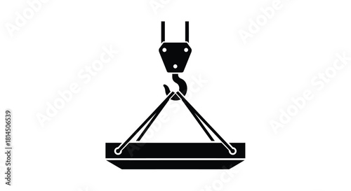 Simple black and white illustration of an industrial lifting crane with a platform