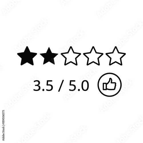 Line art icon of a 35 out of 5 star rating with a thumbsup symbol, review, isolated on white
