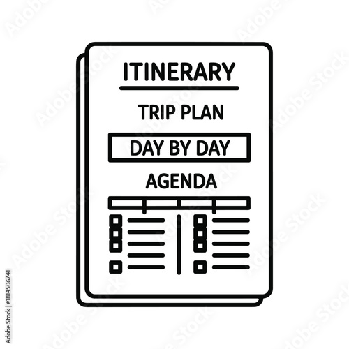 Outline icon of a travel itinerary document showing trip plan, day by day agenda, and schedule details