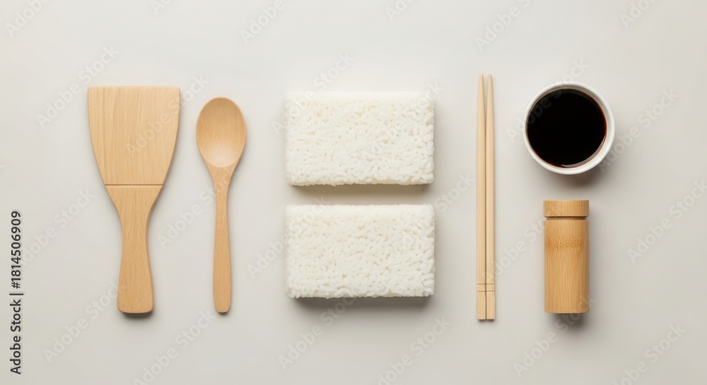 Obraz premium Japanese cooking utensils and ingredients laid out flat