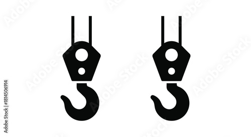 Two black industrial lifting hooks depicted in a simple graphic style