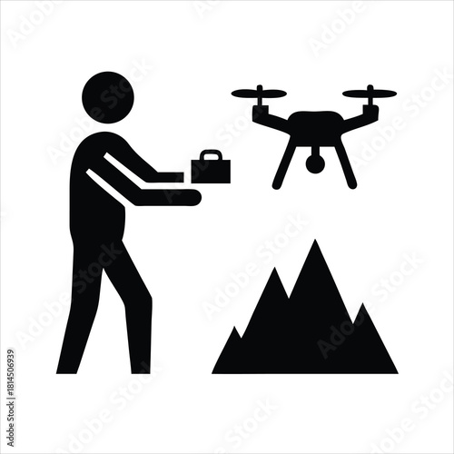 Person operating drone silhouette in remote wilderness on white background