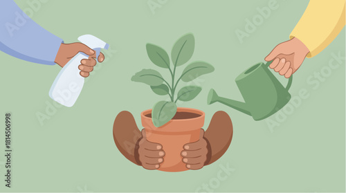 Diverse Hands Collaborating to Nurture a Potted Plant.