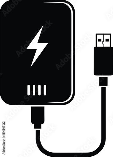 Portable power bank icon, external battery charger silhouette, usb cable connection, electric energy storage symbol, mobile device charging vector illustration