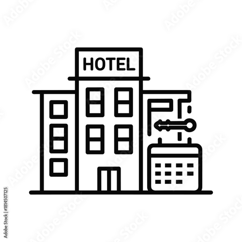 Hotel building with a key and calendar icon, representing booking and accommodation services, isolated on