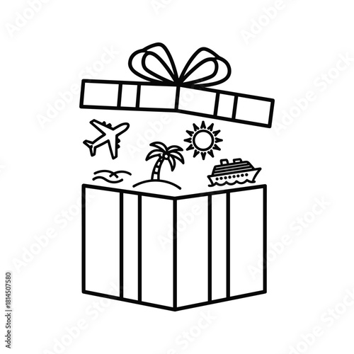 Open gift box revealing travel icons like airplane, palm tree, sun, and cruise ship, symbolizing a vacation package