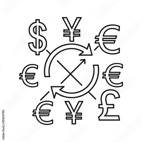 Outline icon depicting currency exchange with international symbols dollar, yen, euro, and pound, connected by arrows