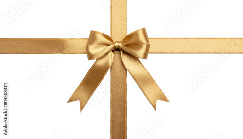 A golden satin ribbon bow centered on intersecting ribbons, all against a white background, decorative presentation, product shot isolated