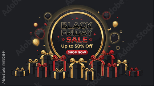 Elegant Black Friday Sale Banner with Presents and Gold Accents.