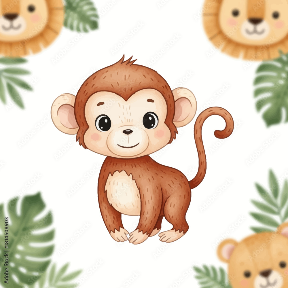 Fototapeta premium Adorable monkey illustration for children's designs and playful creative projects with jungle theme patterns