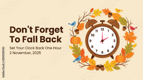 Fall Back Daylight Saving Time Ends with Autumn Clock Illustration.