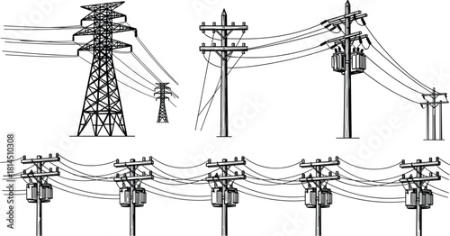 Vector illustration of electricity transmission system, high voltage power lines, lattice towers, utility poles with transformers, and energy distribution grid sketch.