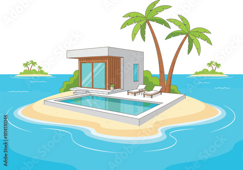 Modern luxury beach house on small tropical island with swimming pool and palm trees surrounded by blue ocean water for summer travel and relaxation holiday concepts.