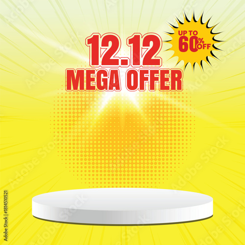 12.12 Super Sale Banner Up to 60% Offer End of Year Discount Template with Podium.
Mid Month Shopping Day Illustration Template with 3d text effect. Special Offer Coupon,
60% Offer, 70% Offer, Voucher