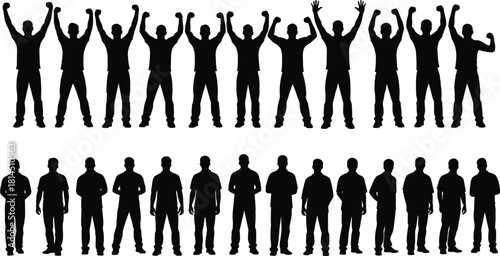 Vector silhouette set of men cheering with arms raised, and men standing still, isolated on white background, crowd concept