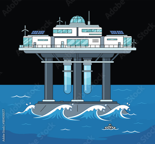 Futuristic offshore marine science station and renewable energy platform with solar panels wind turbines and sustainable ocean technology for global ecological ideas.