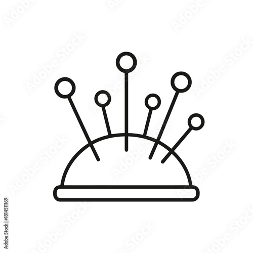 Fine line pin cushion icon with pins, minimalist black outline style, ideal for tailoring tools, fashion studio visuals and sewing accessory design resources