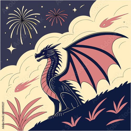 Fantasy Book Cover Featuring a Dragon Soaring Amidst Fireworks. Concept Fantasy Fiction, Book Cover, Dragon, Fireworks, Surreal Art
