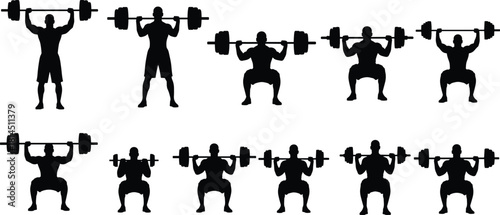 Weightlifting silhouette set, man squatting with barbell, bodybuilding workout vector, gym fitness exercises collection, powerlifting training illustration, heavy lifting icons