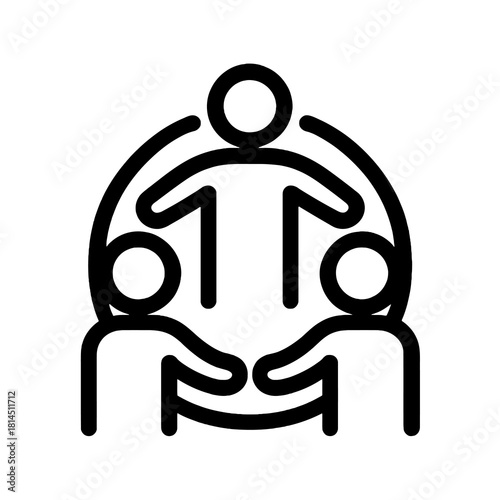 Community unity icon in black outline style, showing three people forming a supportive circle, ideal for social platforms, teamwork visuals and belonging-focused designs