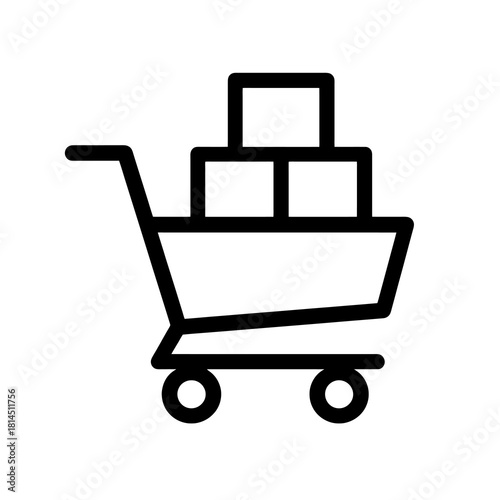 Bulk purchase cart icon in black outline style, showing stacked boxes inside cart, ideal for e-commerce platforms, wholesale shopping visuals and retail inventory tools