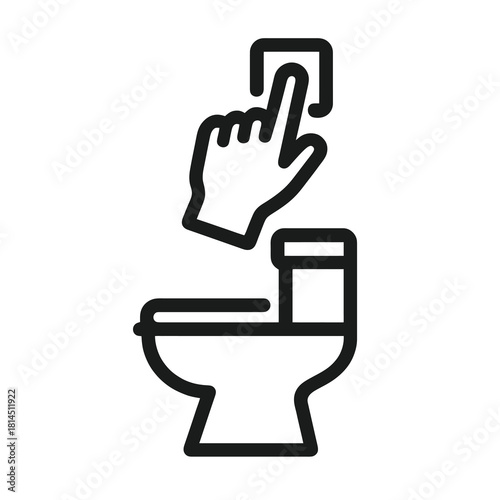 Flush action icon in black outline style, showing hand pressing button above toilet, ideal for hygiene signage, sanitation instructions and facility vector usage