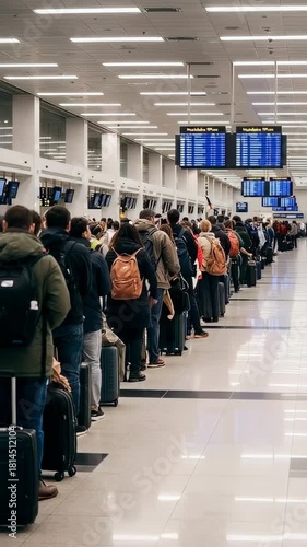 Long Queue of Travelers at Airport Check-In: A Snapshot of Modern Travel Challenges and Passenger Experiences in a Busy Terminal