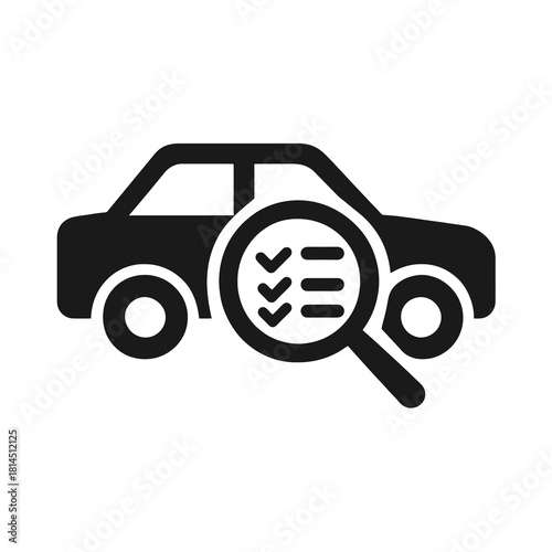 Car inspection icon in black outline style, with magnifying glass and checklist, ideal for dealership quality control, pre-sale evaluation and rental condition verification