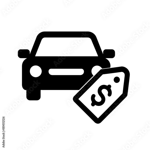 Car pricing icon in black outline, showing vehicle with attached tag, ideal for dealership listings, sales promotions, auto market ads and commercial vector assets