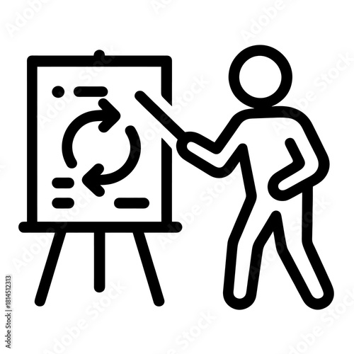 Icon of teacher presenting lesson using flip chart, detailed minimalist black outline, ideal for instructional design, school materials, training interfaces and education apps