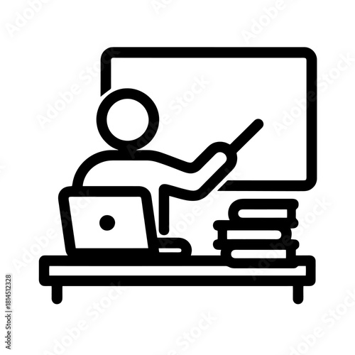Remote teaching icon in black outline, showing educator at desk with laptop and books, ideal for online learning platforms, academic resources and digital education tools