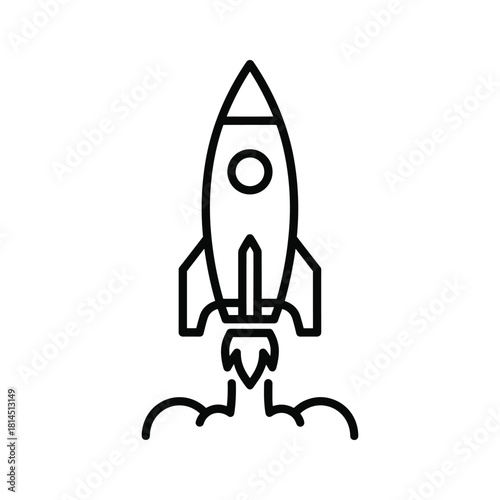 Simple black line icon of a rocket ship launching with smoke trail, isolated on