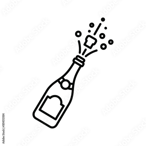 Outline icon of a champagne bottle popping cork with bubbles splashing out, isolated on