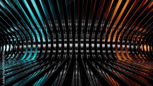 Evenly spaced curved high-gloss metal ribs with amber and cyan streeams of light running from the bottom to the top in loop. Symmetrical pattern with cold and warm lights with futurist aesthetics