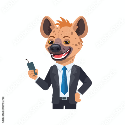 Cartoon Hyena in Suit Using Smartphone