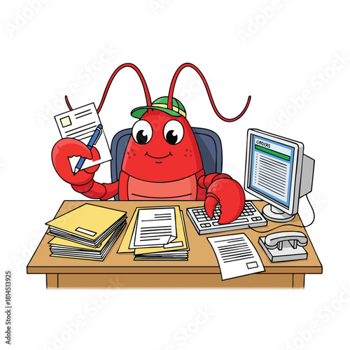 Red Lobster Working on Computer at Desk