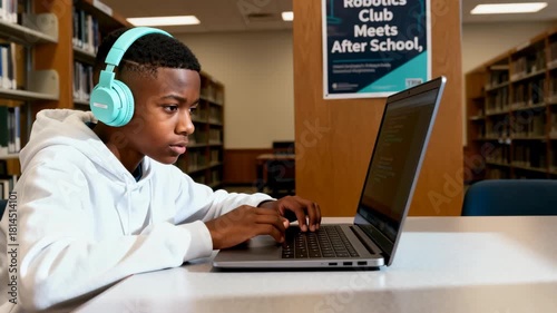 Young Black student coding on a laptop in a school library. Boy wearing headphones typing computer code with a Robotics Club poster in the background. STEM education concept